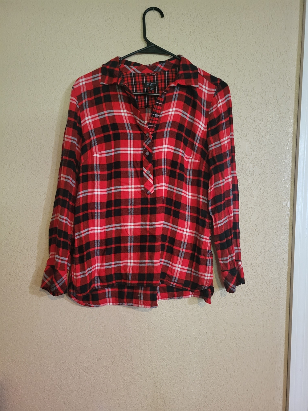 Talbots Red Black Plaid Henley Button-Down Shirt